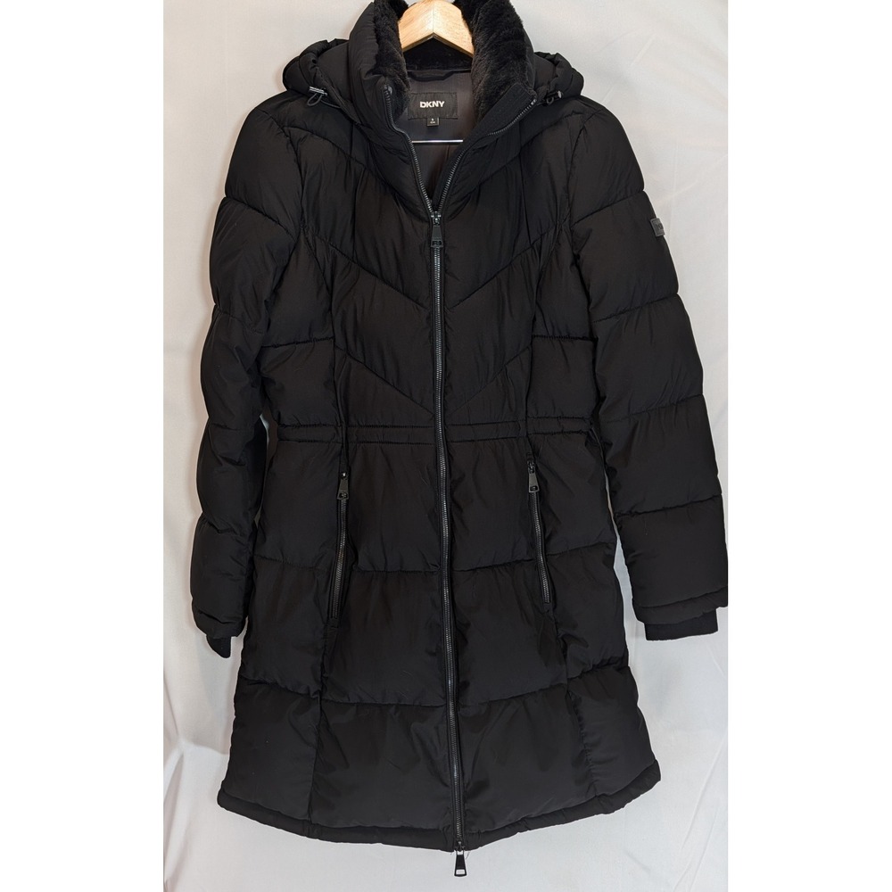 DKNY Womens Black Puffer Coat Long Quilted Winter Jacket Faux Fur Collar Small